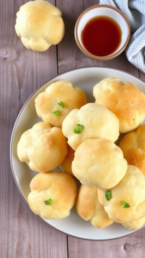 Fluffy Cloud Bread Biscuits Recipe Fluffy cloud bread biscuits on a plate, golden brown and garnished with herbs, on a rustic wooden table.